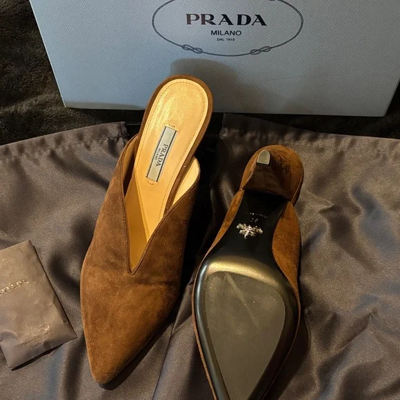 Prada Women's Dark Brown Suede Mules - Picture 5 of 7